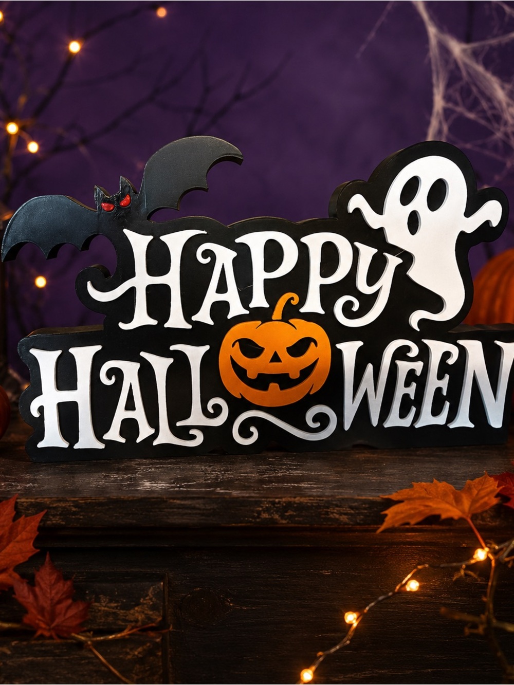 Happy Halloween 3D printed  Sign with Ghost, Bat & Pumpkin - Black and White